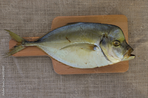 cold-smoked vomer lies on a wooden board, sea fish, food, background image