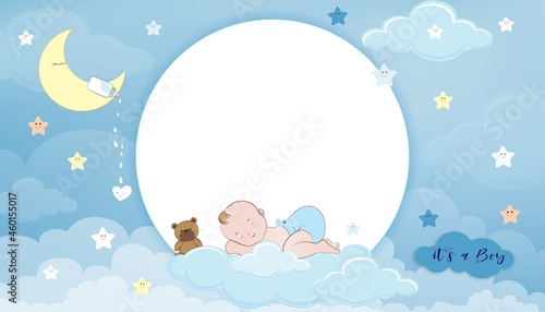Baby shower card,Cute little boy sleeping on crescent moon, milk bottle and teddy bear on Blue Sky and Clouds layers background,Vector Paper cut cloudscape backdrop with copy space for baby's photos