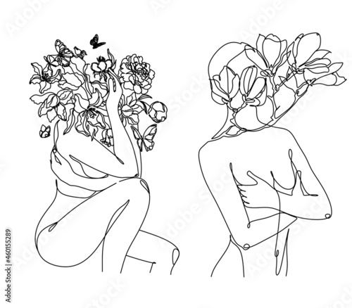 Woman hugging herself in continuous line drawing, Love your body concept, Isolated on the white background, vector illustration monochrome, Drawing by lines, Minimalist Style.