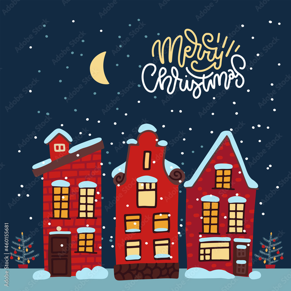 Cozy xmas card with a decorated snowy old town at Christmas eve. Winter night sityscape with moon and small houses. Flat vector illustration with lettering quote.