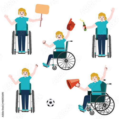 Blond girl soccer fan on wheelchair