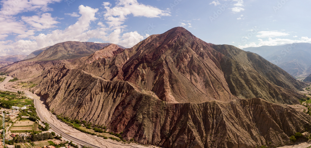 Purmamarca drone aerial landscape close to Cerro de los Siete Colores (Seven Coloured Hill), Jujuy, Salta, Argentina	