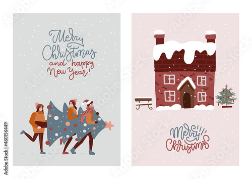 Set of Merry Christmas greeting Cards with cute scandinavian house and friends holding xmas tree. Template for new year, gift tag, calendar, planner, invitations, posters. Flat vector illustration.