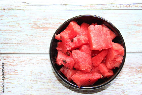 Watermelon / tarbooj fruit cube slices served in a bowl. selective focus photo