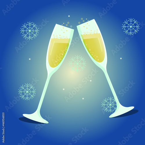 Vector illustration of glasses of champaign, christmas, snow, party, invirtation