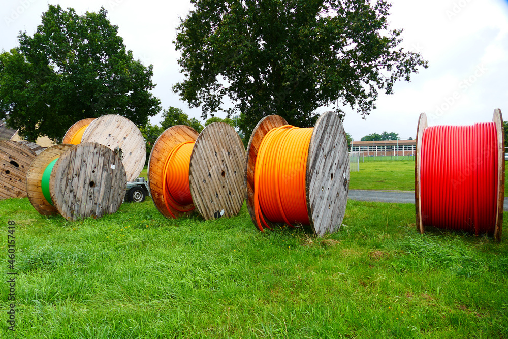 Obraz premium Fiber optic cable roll for digital broadband internet communication.