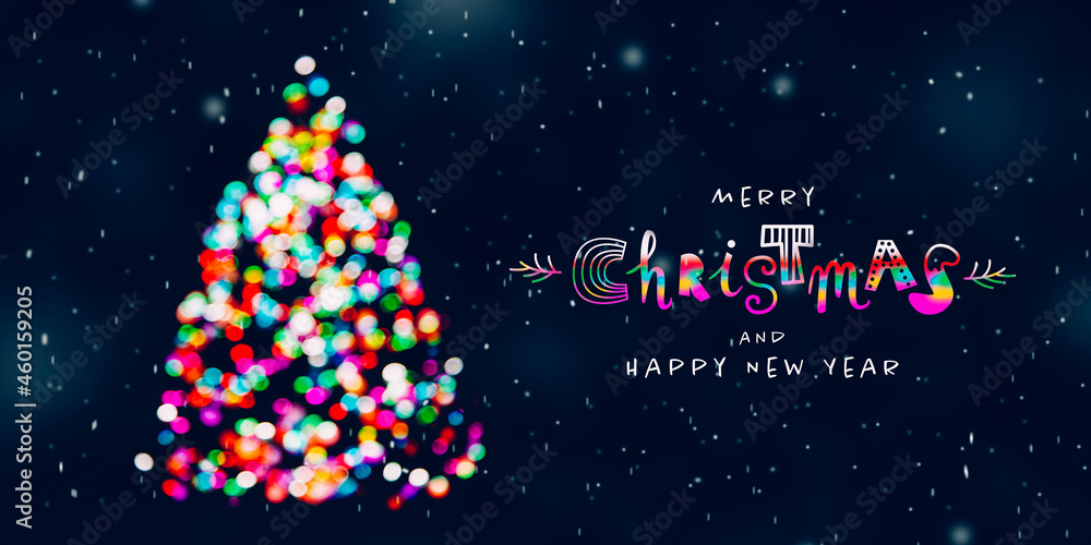 Naklejka premium Merry Christmas greeting with Christmas tree made of colorful blurred lights