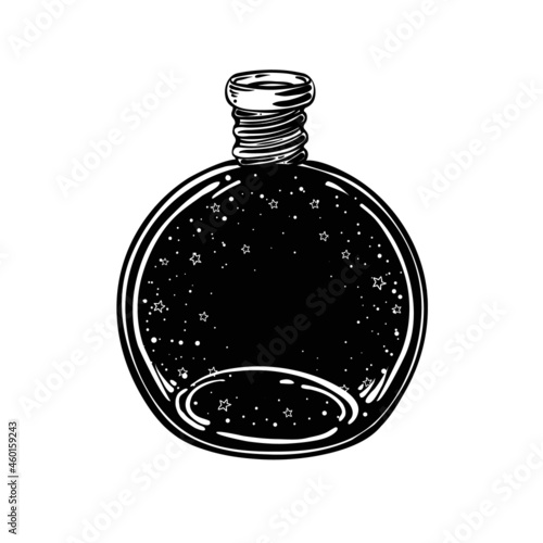 Magic potion, black bottle with moon and stars inside. Vector illustration isolated on white. Spirituality, occultism, chemistry, magic tattoo concept.