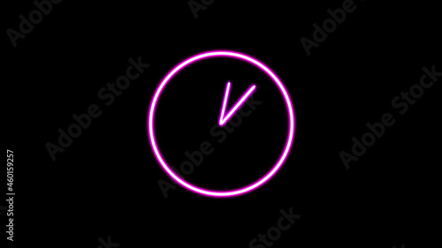 neon clock illustration. abstract pink color neon light clock on black background.