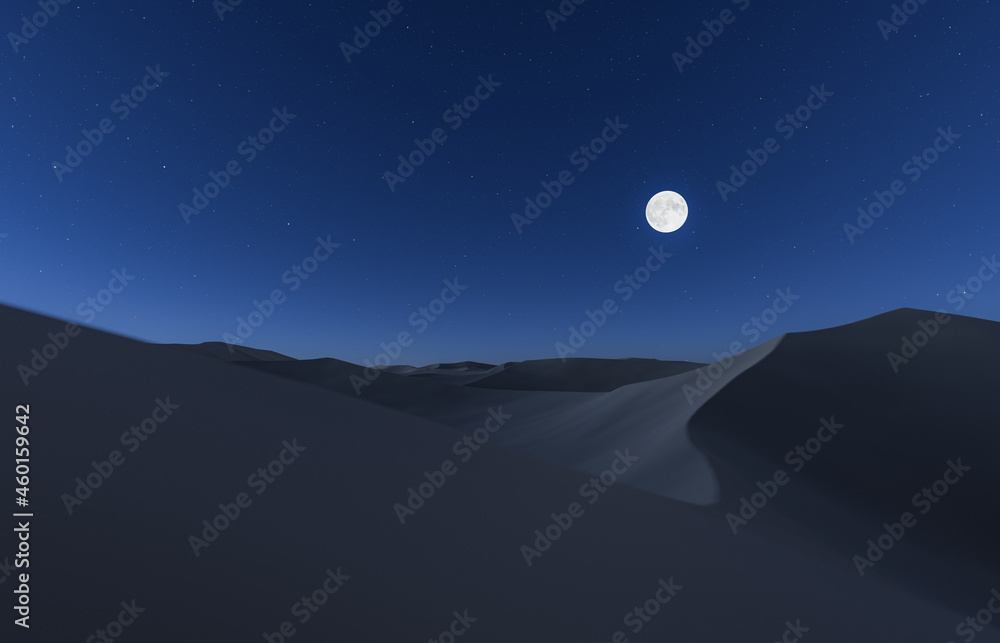 desert landscape of dunes with full moon illuminating the sand and starry sky. 3d rendering
