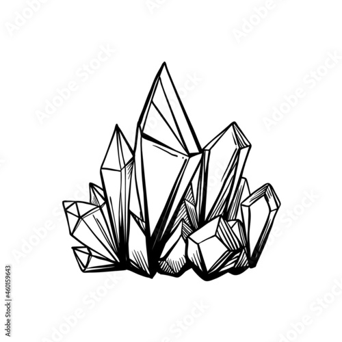 Hand drawn crystal gem isolated on white. Geometric gemstone symbol in black and white. Vector illustration. Gothic design, mystic magician symbol in black outlines. Future telling, Halloween concept.
