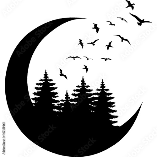 Hand drawn travel badge with crescent and fir trees vector illustrations.