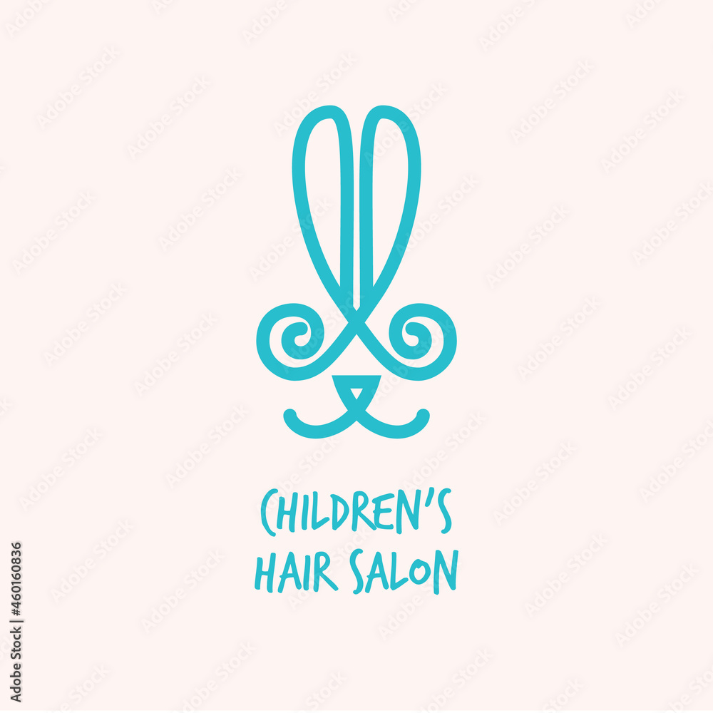 Simple minimalistic logo sign for children's hair salon. Scissors in the shape of a hare Simple minimalistic logo sign for children's hair salon. Scissors in the shape of a hare