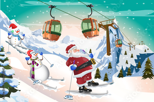 Santa Claus and Snowman Skiing with Gondola tram Winter  time background vector design 