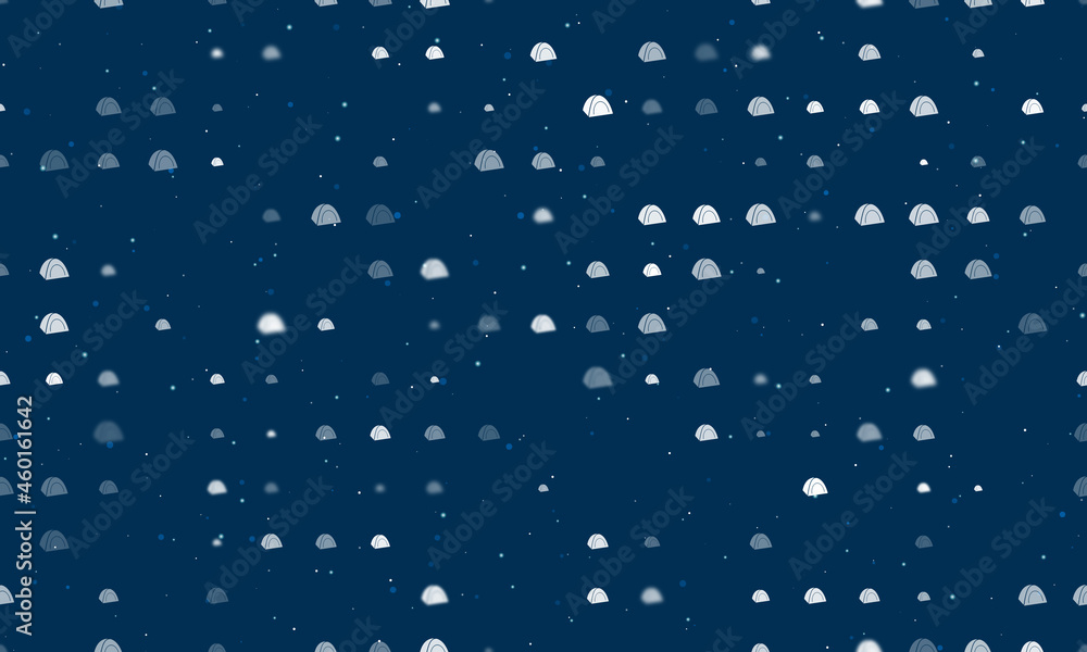 Seamless background pattern of evenly spaced white tourist tents of different sizes and opacity. Vector illustration on dark blue background with stars