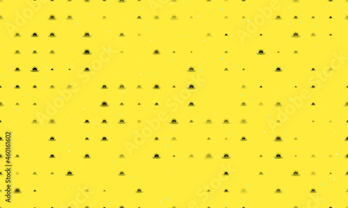 Seamless background pattern of evenly spaced black sunrise at sea symbols of different sizes and opacity. Vector illustration on yellow background with stars