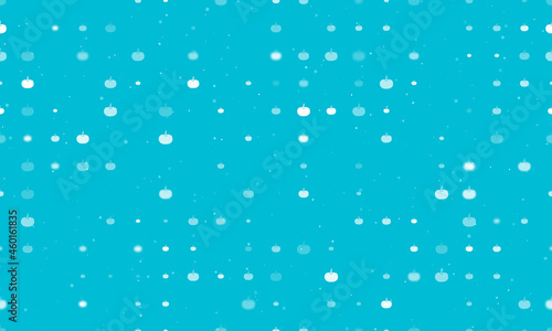 Seamless background pattern of evenly spaced white pumpkin symbols of different sizes and opacity. Vector illustration on cyan background with stars