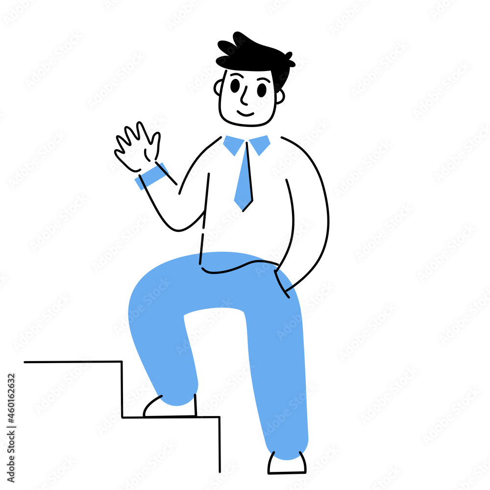 Man stands on stairs. Career concept. First step. Smiling Business character. Gesture of approval and greeting. Ground floor and level. Outline modern illustration Man stands on stairs. Career concept. First step. Smiling Business character. Gesture of approval and greeting. Ground floor and level. Outline modern illustration