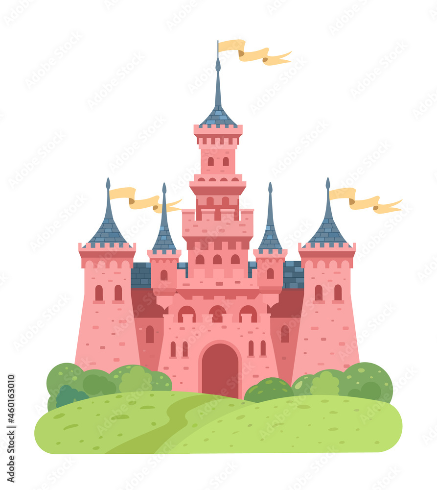 Magic pink castle on the hill. Gothic building. Princess castle. Vector illustration