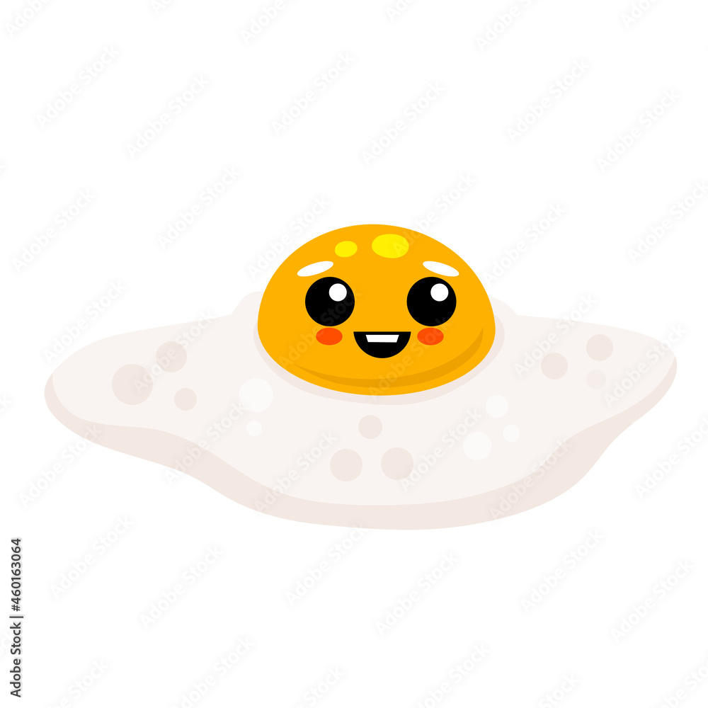 Scrambled egg with cute face. Healthy Breakfast. Protein and yolk character. Element of cooking. Flat cartoon isolated on white background