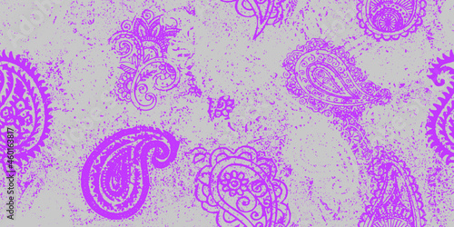 Seamless paisley pattern with stamped distressed look. Ethnic authentic decorative textile. Handmade paisley design.