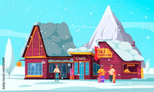 Winter Ski Resort Cartoon Composition