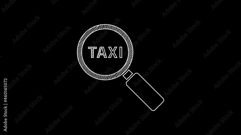 White line Magnifying glass and taxi car icon isolated on black background. Taxi search. 4K Video motion graphic animation White line Magnifying glass and taxi car icon isolated on black background. Taxi search. 4K Video motion graphic animation