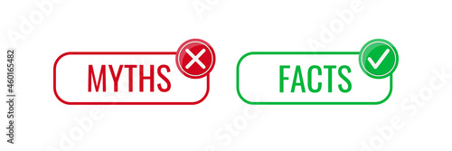 Fact and myth icon vector set. True or fiction with check mark and cross in circle button isolated on white background. Flat design cartoon style illustration.
