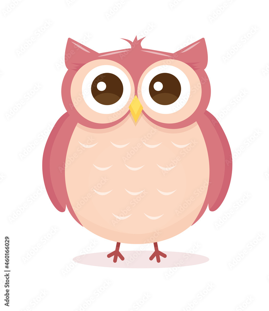 Cute  pink cartoon owl . Flat design