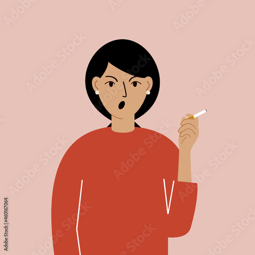 Smoke break. The woman smokes a cigarette, angry. Nicotine addiction. Smoking area. Vector illustration