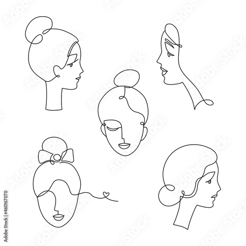 Set of line art woman portraits, romantic simple portrait. Beautiful face logo 