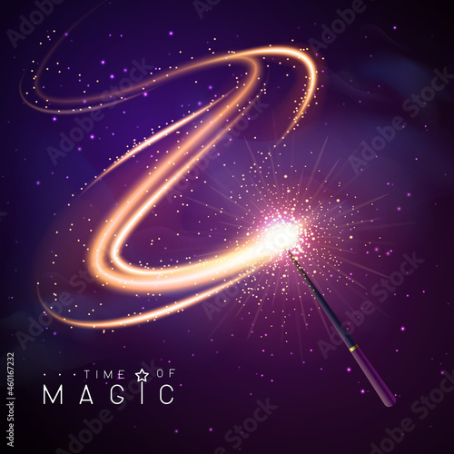 Magic wand with golden neon glowing shiny spiral trail. Vector illustration