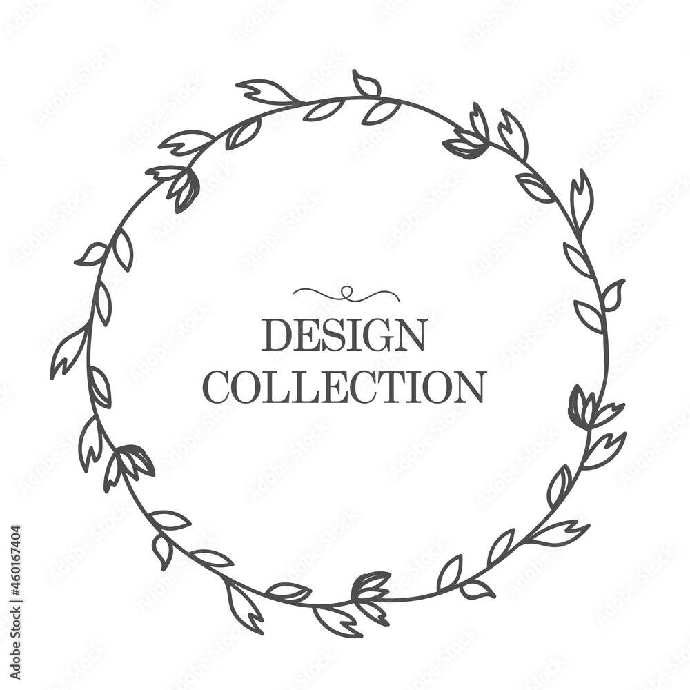 Flower wreath with leaves and branches. Round frame isolated on a white background. For wedding invitations, postcards, posters, labels of cosmetics and perfumes. Vector illustration