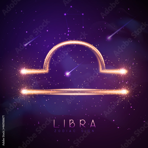 Modern magic witchcraft card with astrology glittering golden Libra zodiac sign on outer space background