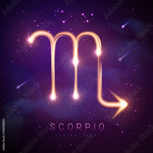 Modern magic witchcraft card with astrology glittering golden Scorpio zodiac sign on outer space background