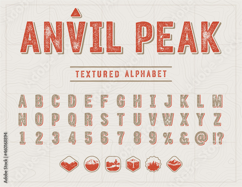 Rust handcrafted typeface. Vintage patches elements and stylized font. 