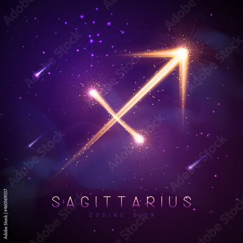 Modern magic witchcraft card with astrology glittering golden Sagittarius zodiac sign on outer space background