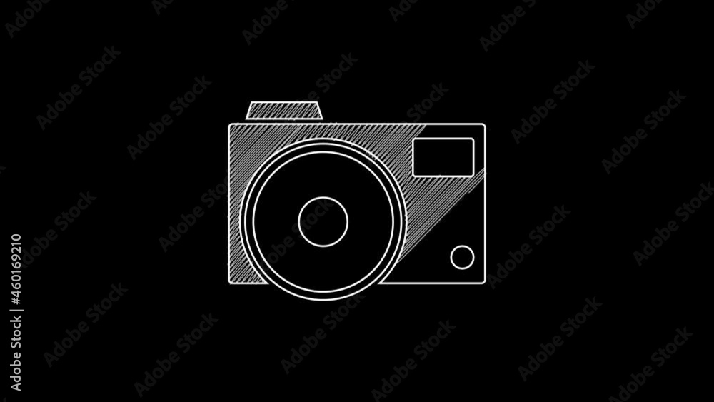 White line Photo camera icon isolated on black background. Foto camera icon. 4K Video motion graphic animation White line Photo camera icon isolated on black background. Foto camera icon. 4K Video motion graphic animation