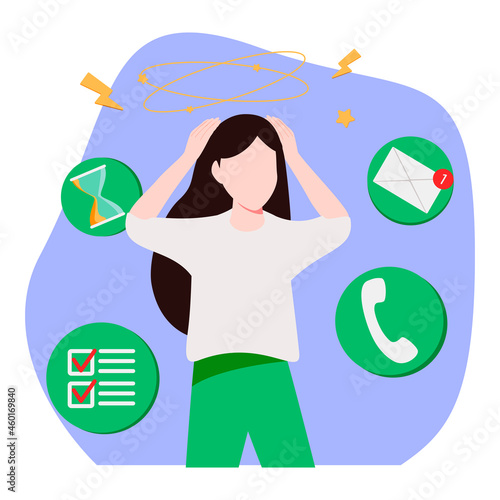 Office worker or clerk stressed out because of workflow cycle. Concept of daily task routine, effective planning and management, work overload. Modern flat vector illustration for banner, poster