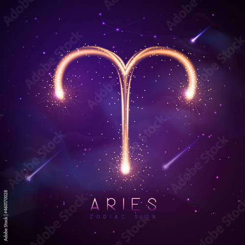 Modern magic witchcraft card with astrology glittering golden Aries zodiac sign on outer space background