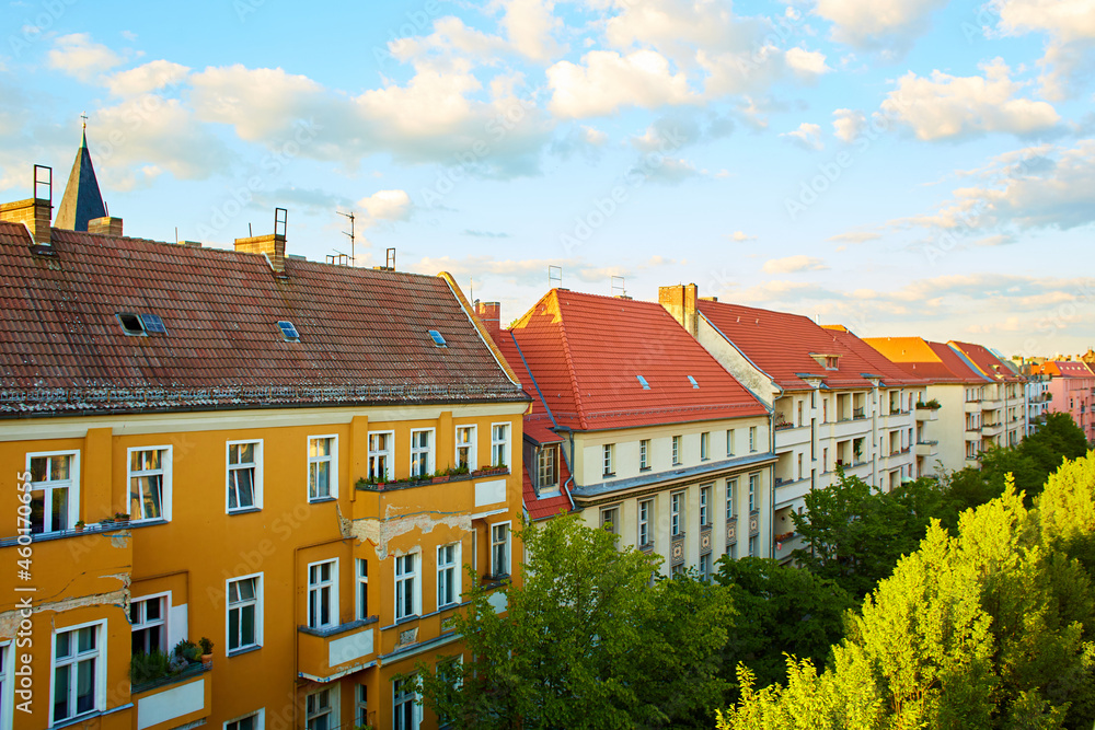 View of the low rooftops of the old houses of the European city View of the low rooftops of the old houses of the European city