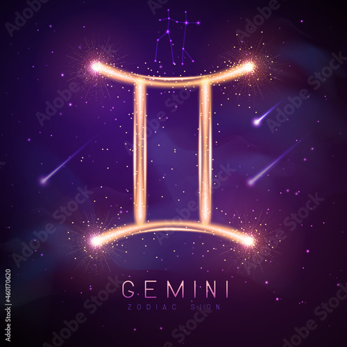 Modern magic witchcraft card with astrology glittering golden Gemini zodiac sign on outer space background