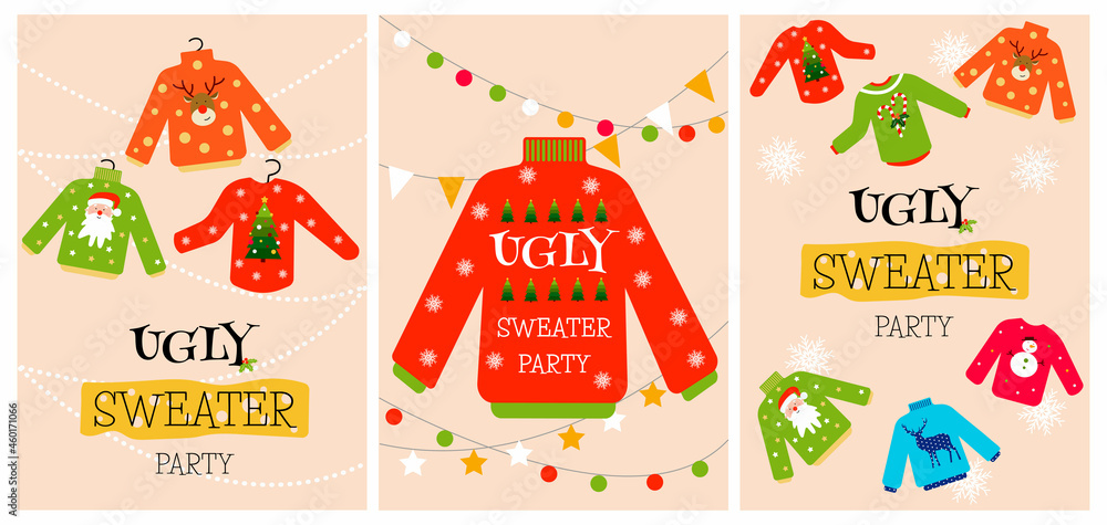Festive xmas ugly sweater party announcement (invitation) vector templates set. Postcards, posters, banners designs pack. Traditional winter holiday symbols and colors. Flat cartoon illustration.