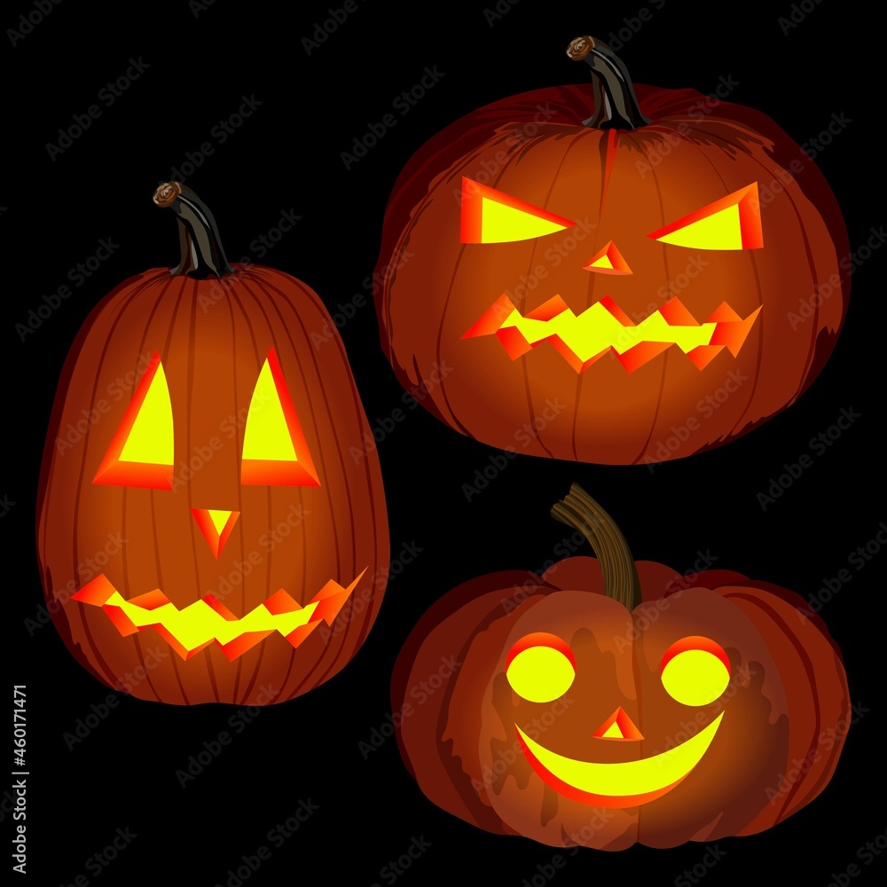 Glowing carved pumpkins for Halloween. Orange pumpkin for banners, flyers, posters, cards. Lantern pumpkin. October. Vector illustration isolated on dark background Glowing carved pumpkins for Halloween. Orange pumpkin for banners, flyers, posters, cards. Lantern pumpkin. October. Vector illustration isolated on dark background