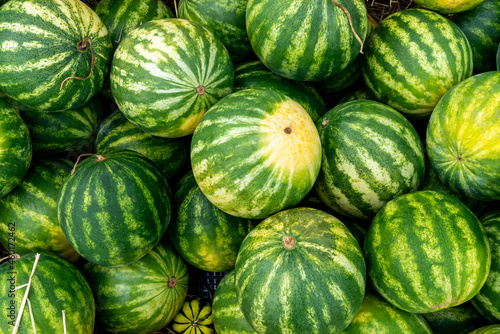Looking down on a stack of watermelons