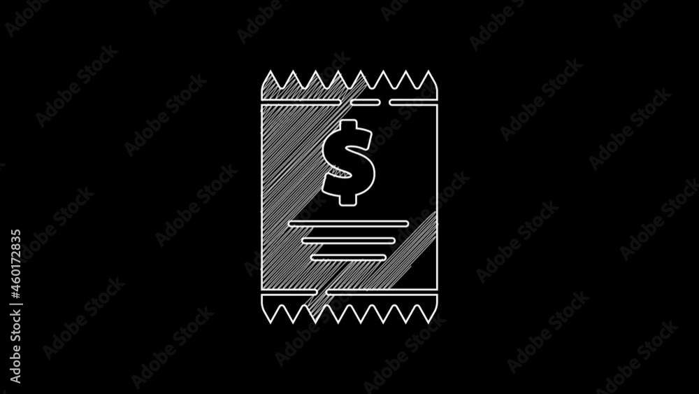 White line Paper check and financial check icon isolated on black background. Paper print check, shop receipt or bill. 4K Video motion graphic animation White line Paper check and financial check icon isolated on black background. Paper print check, shop receipt or bill. 4K Video motion graphic animation