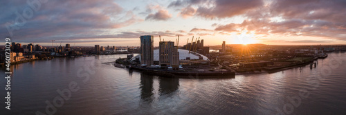 UK, London, Aerial view of The O2 and Docklands at dawn photo