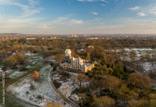 UK, London, Aerial view of Greenwich Royal Observatory at sunset in Winter photo