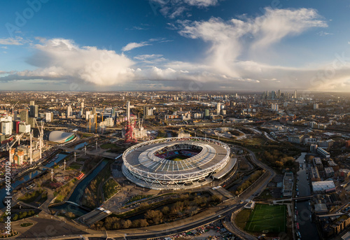 UK, London, Aerial view The Olympic Stadium at sunset