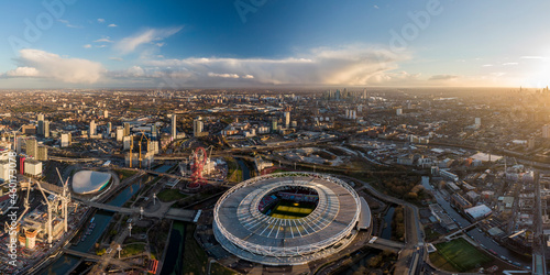 UK, London, Aerial view The Olympic Stadium at sunset photo